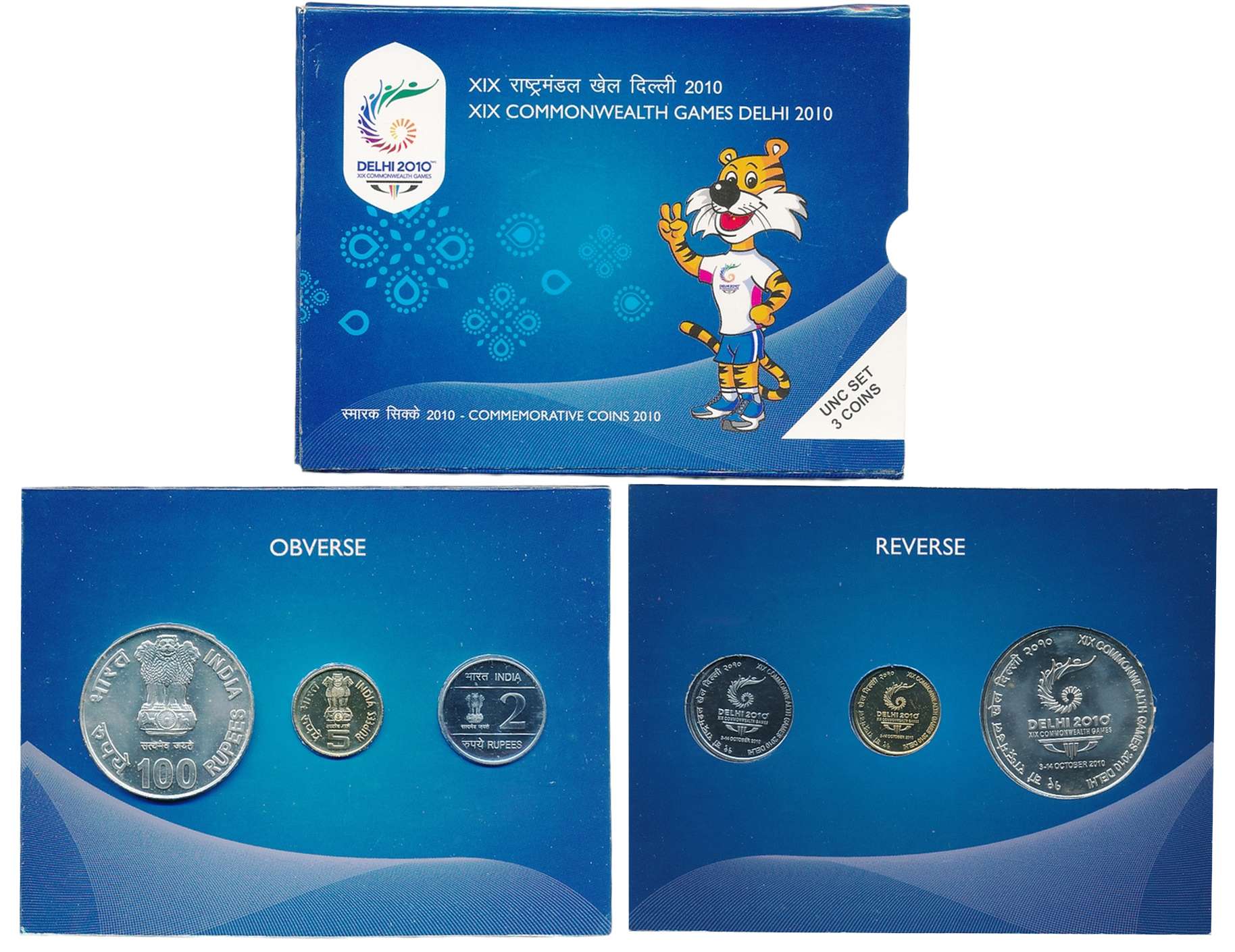 2010, Uncirculated set of 3, Rupees 100, 5 & 2, “XIX Common Wealth Games 2010 Delhi”, Kolk