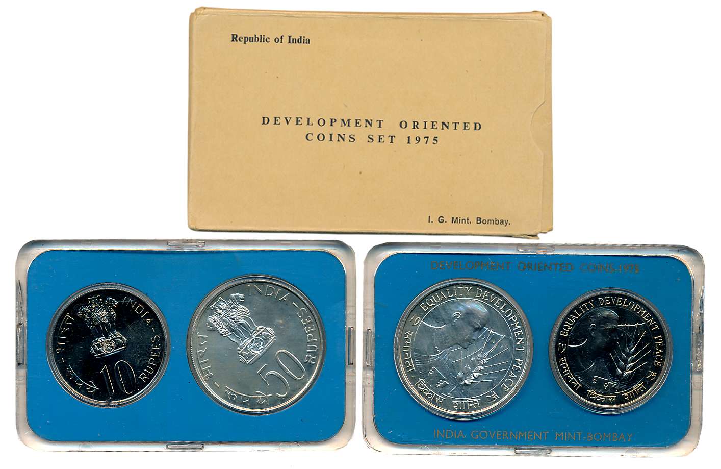1975, Development Oriented Coins Set of 2, Rupees 50 and 10, “Equality, Development, Peace