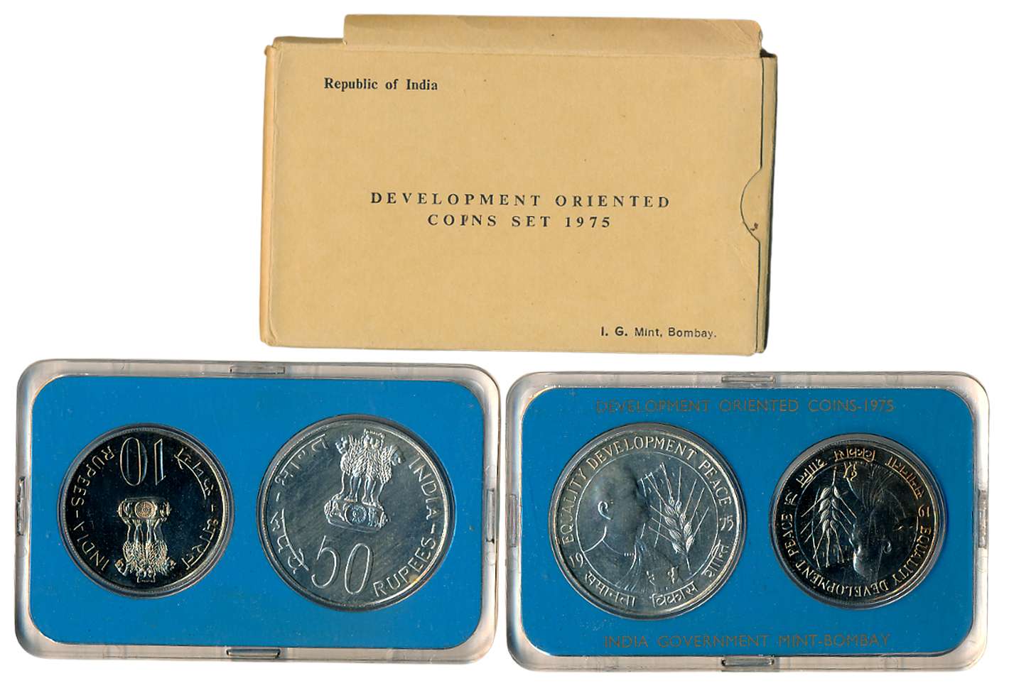 1975, Development Oriented Coins Set of 2, Rupees 50 and 10, “Equality, Development, Peace