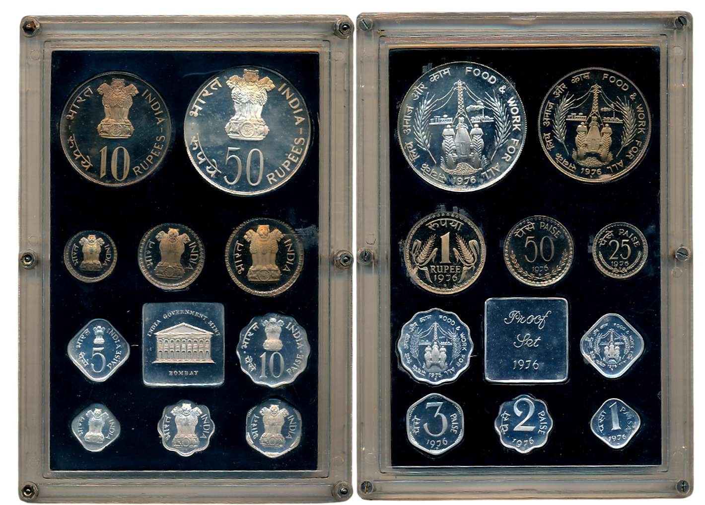 1976, Proof Set of 10, Rupees 50, 10 & 1, Paisa 50, 25, 10, 5, 3, 2, & 1, with mint emblem