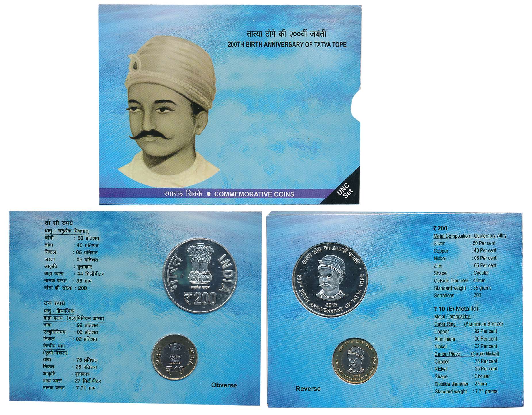 2015, Uncirculated Set of 2, Rupees 200 & 10, “200th Birth Anniversary of Tatya Tope”, Kol