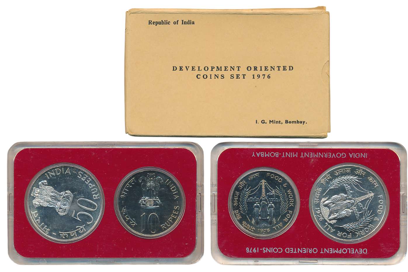 1976, Development Oriented Coins Set of 2, Rupees 50 & 10, "Food & Work for All", Bombay M
