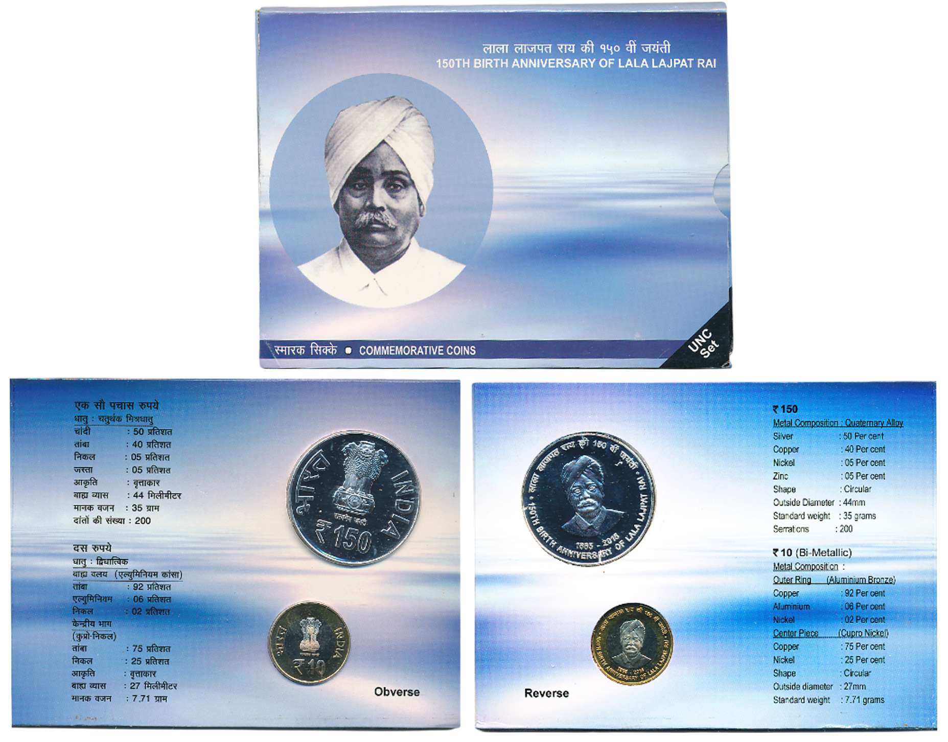 2015, Uncirculated Set of 2, Rupees 150 & 10, “150th Birth Anniversary of Lalal Lajpat Rai