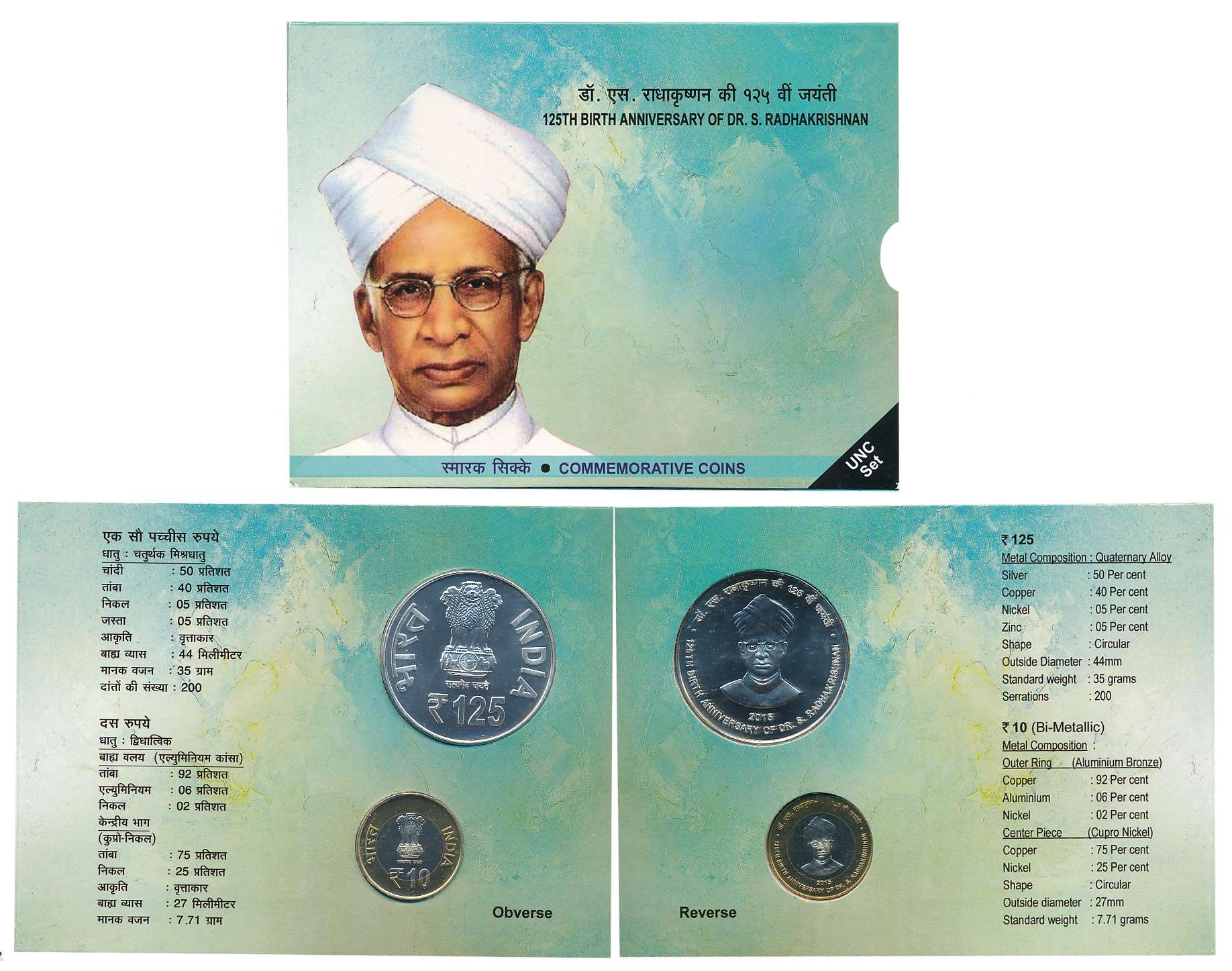 2015, Uncirculated Set of 2, Rupees 125 & 10, “125th Birth Anniversary of Dr. S. Radhakris