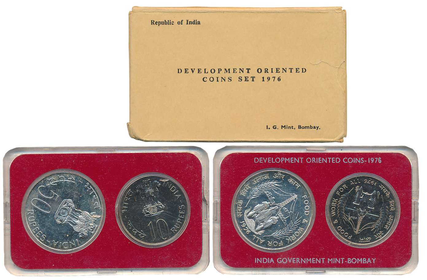 1976, Development Oriented Coins Set of 2, Rupees 50 & 10, "Food & Work for All", Bombay M