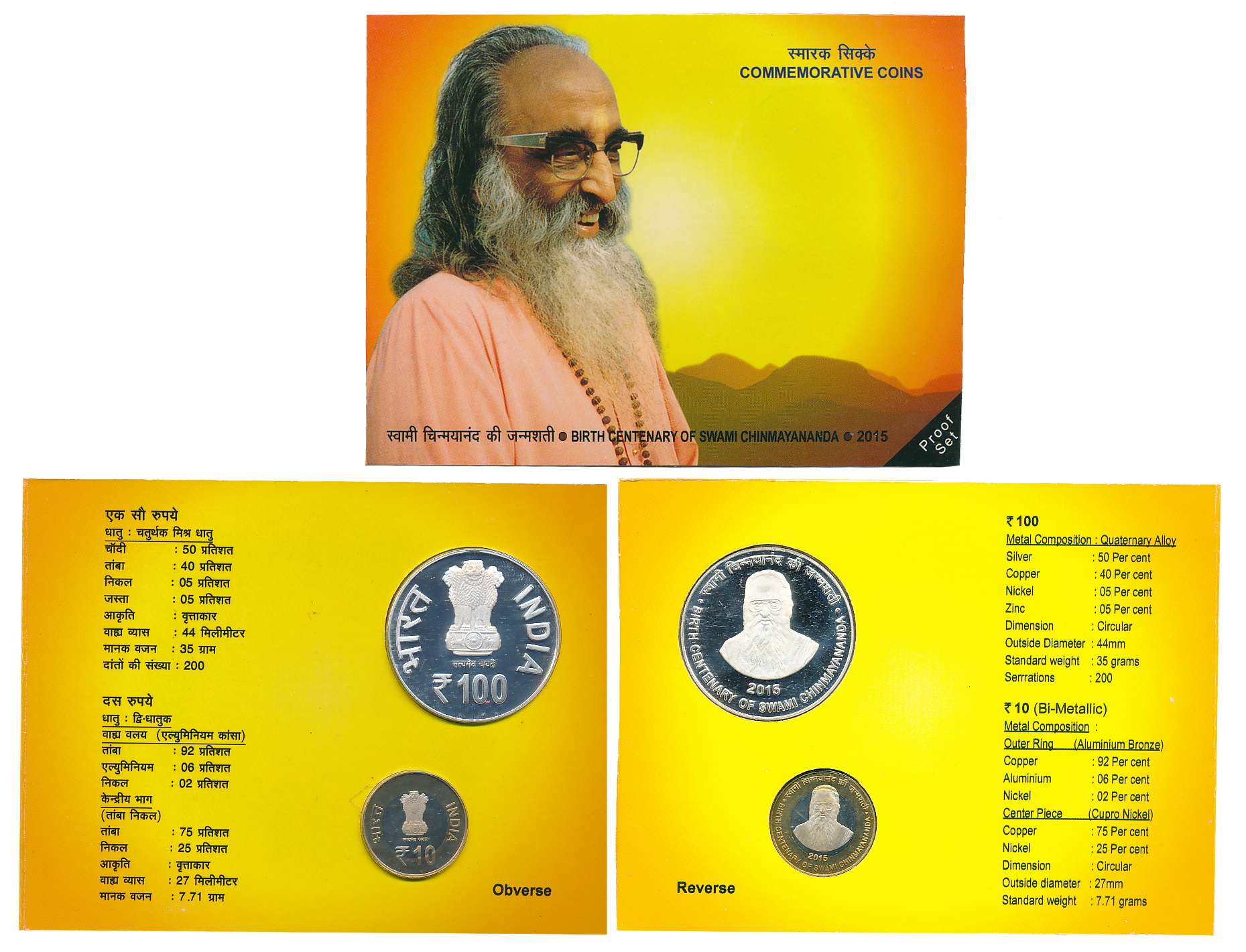 2015, Proof Set of 2, Rupees 100 & 10, “Birth Centenary of Swami Chinmayananda”, Kolkata M
