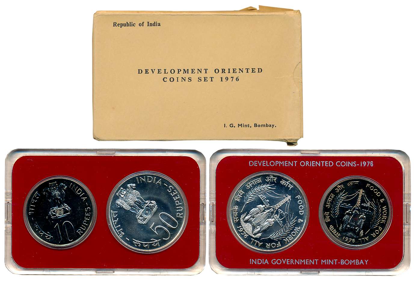 1976, Development Oriented Coins, Set of 2, Rupees 50 & 10, "Food & Work for All", Bombay 