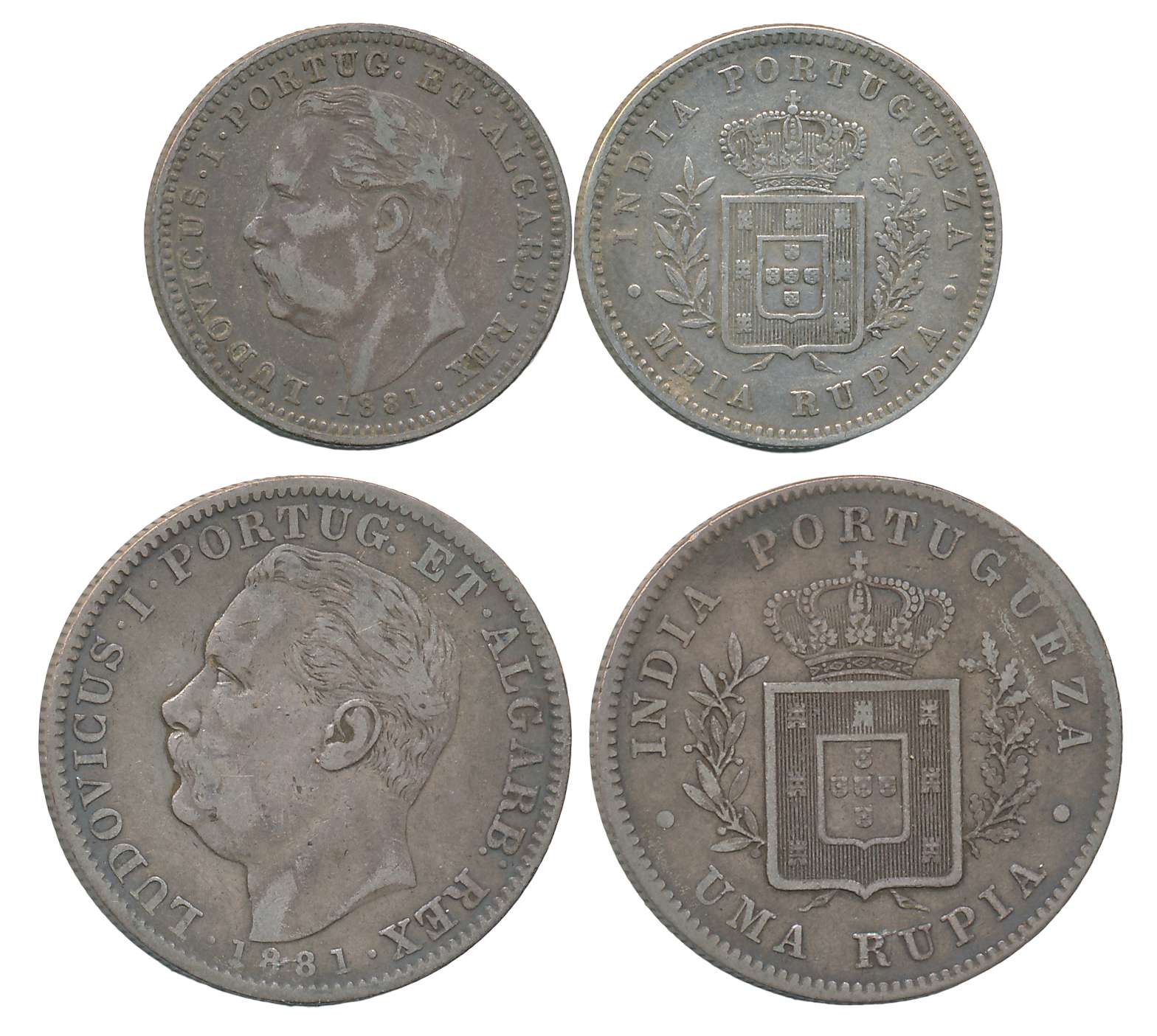 D. Luis I, Silver (2) Rupee- Uma Rupia & 1/2 Rupee- Meia Rupia, 1881, Obv: Bust to left, R