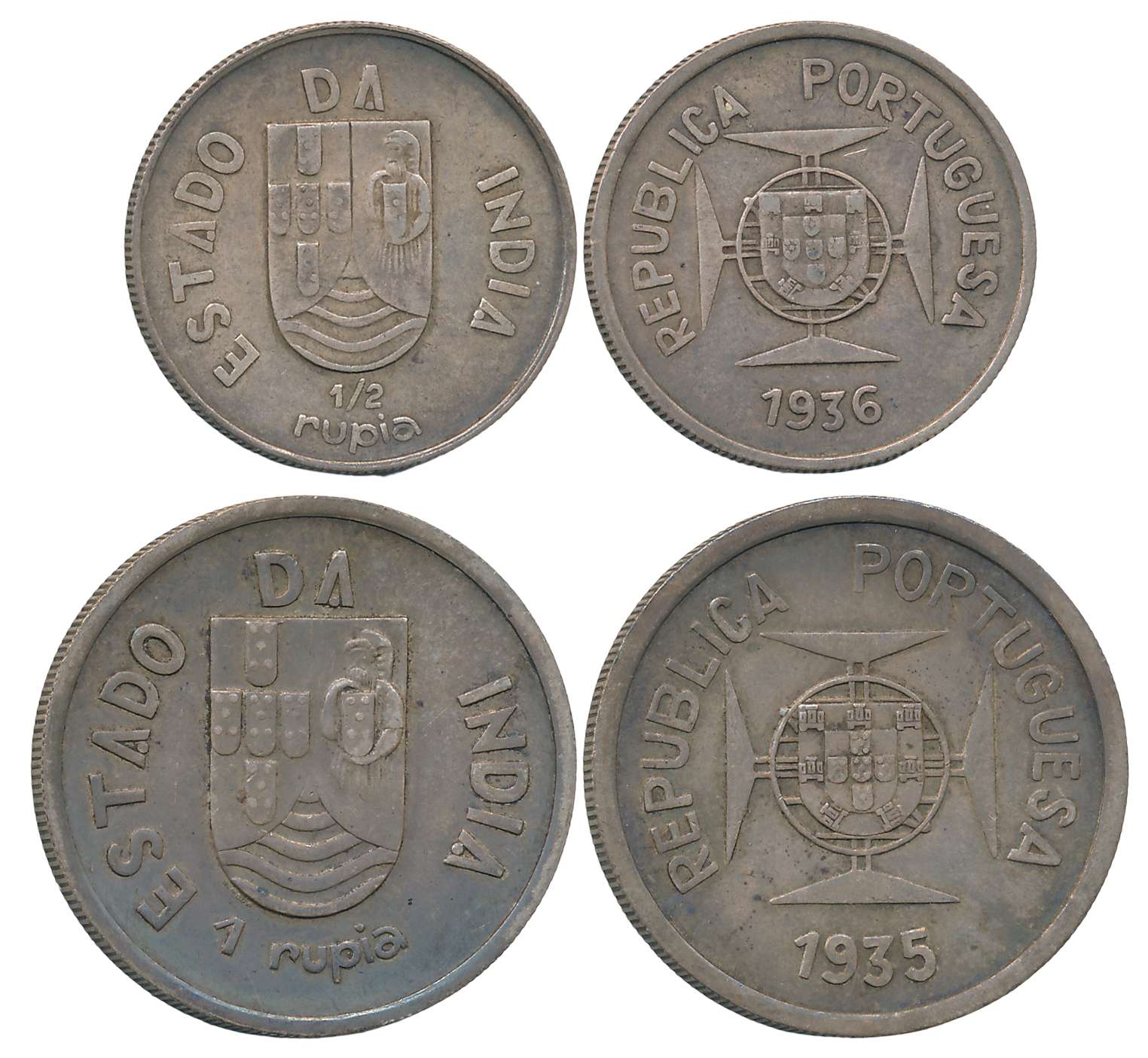 Republic, Silver (2), Rupia & 1/2 Rupia, 1935, 1936, Obv: Shileld on lined circle at centr