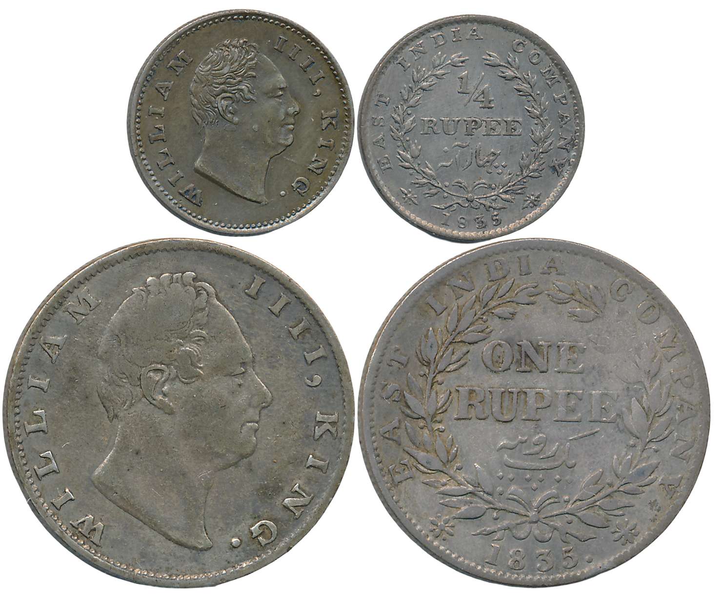 1835, William IIII, Silver (2), Rupee & 1/4 Rupee. Very fine. 2 coins.