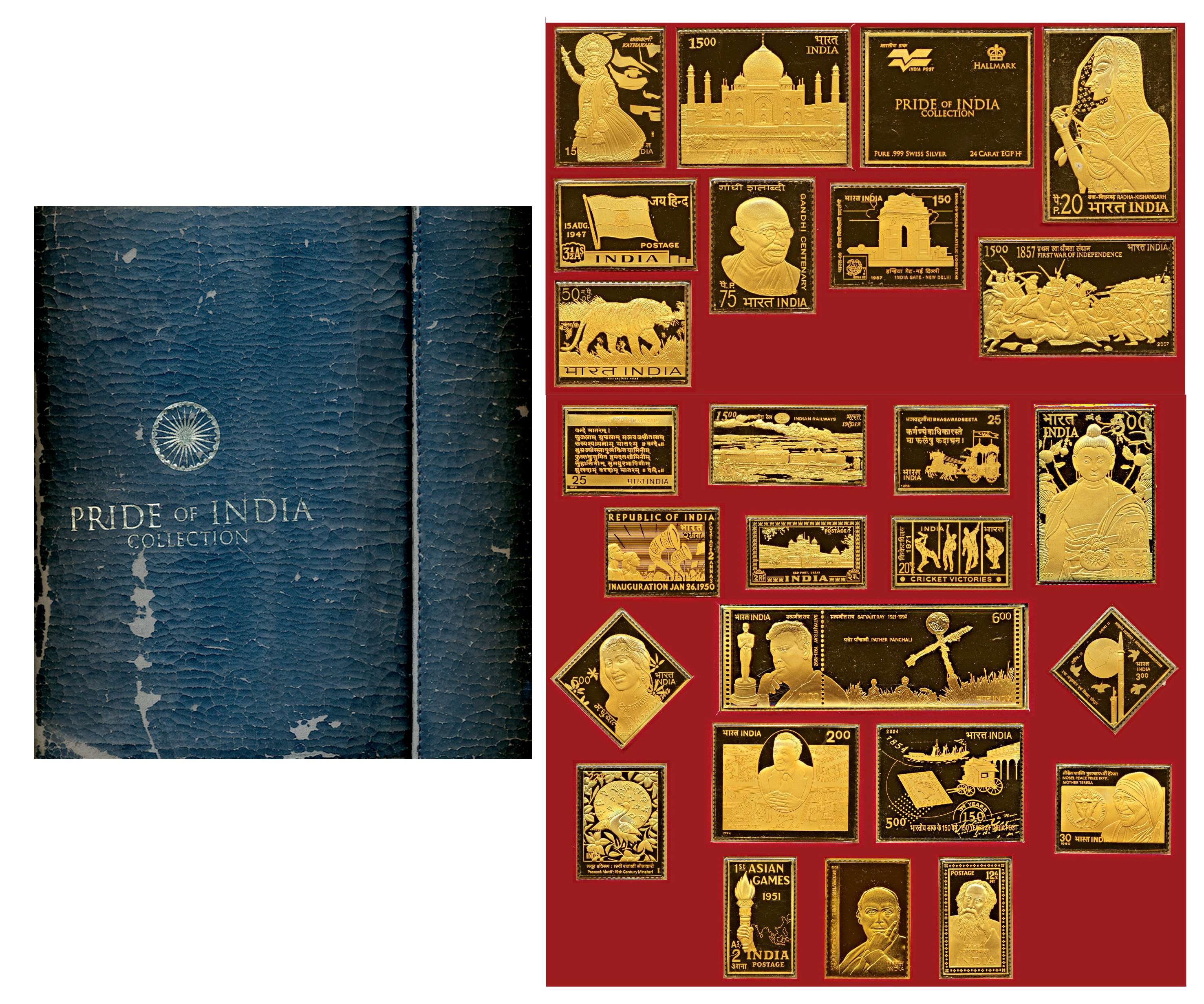 Pride of India, Limited Edition Collection Set of 25 Indian Stamps Minted in 24 Carat Gold
