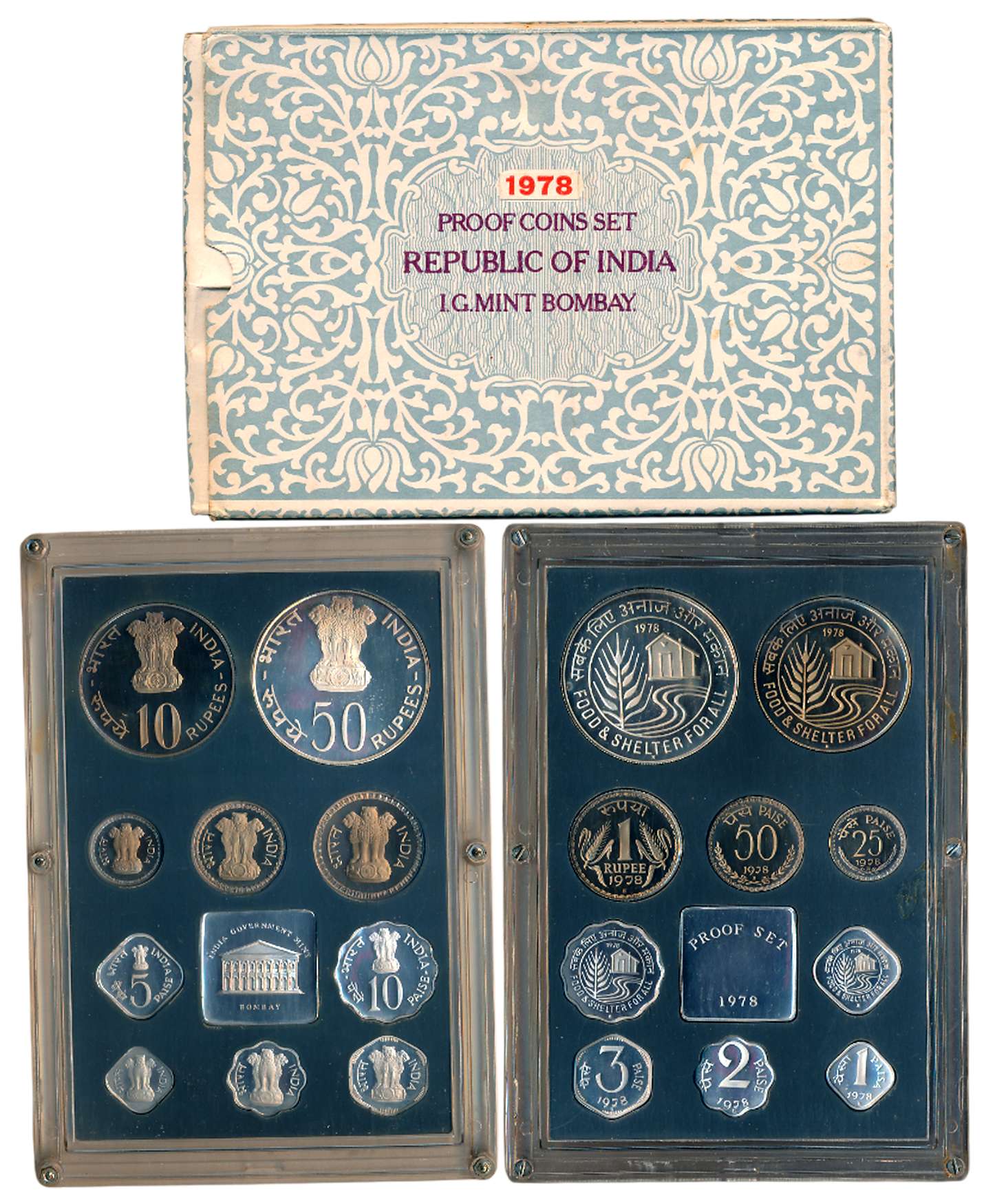 1978, Proof Set of 10, Rupees 50, 10 & 1, Paisa 50, 25, 10, 5, 3, 2, & 1, with mint emblem