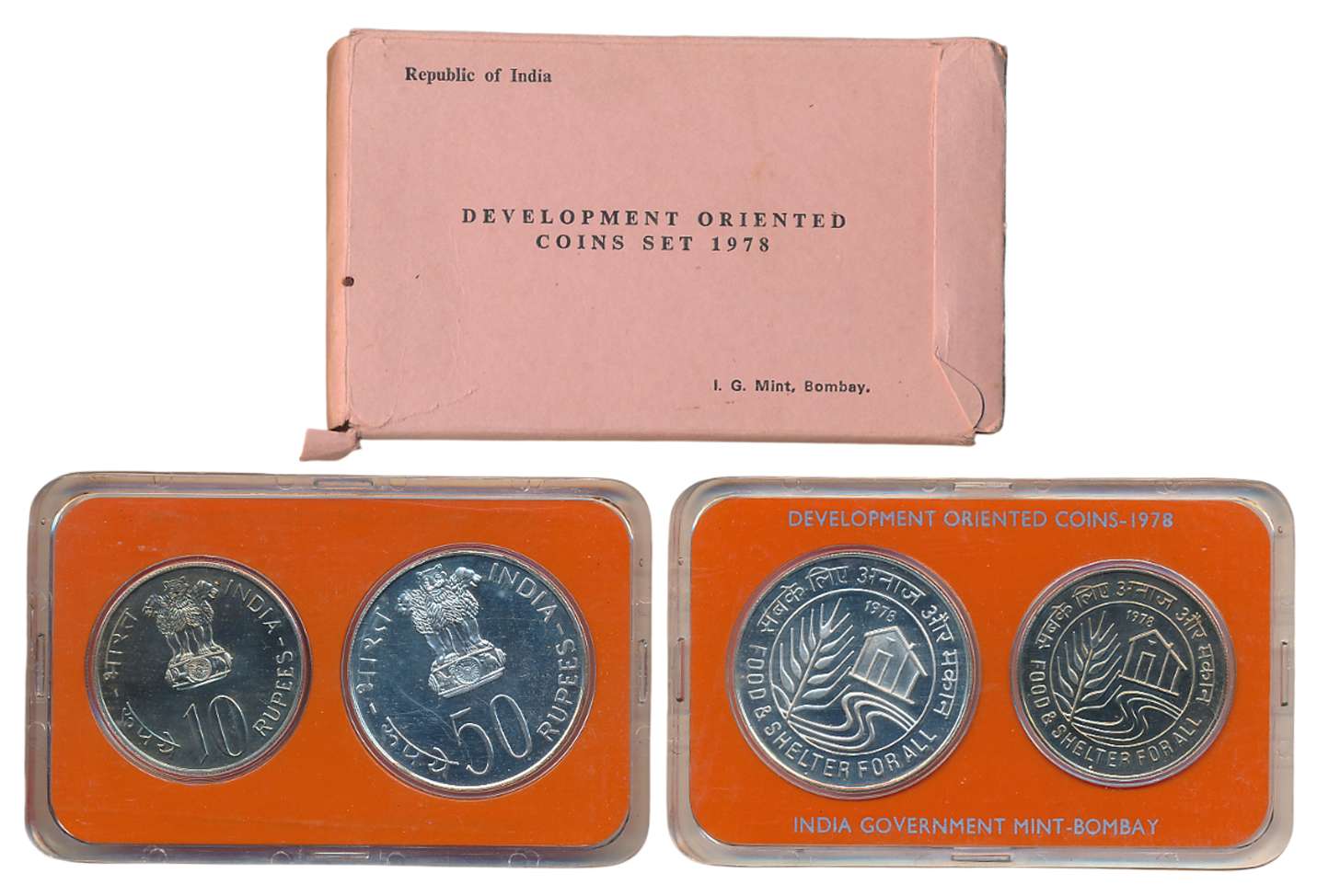1978, Development Oriented Coins Set of 2, Rupees 50 & 10, “Food and Shelter for All”, Bom