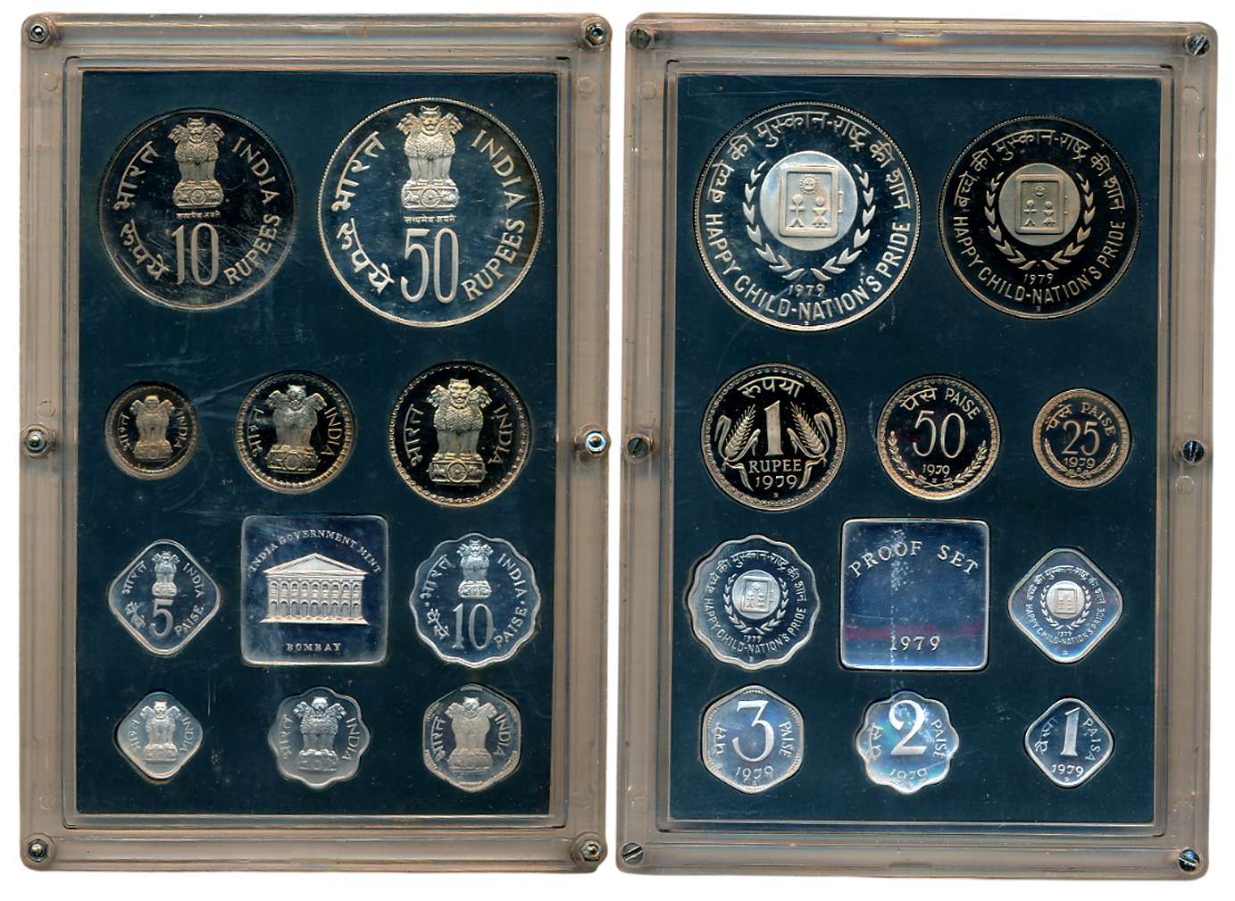 1979, Proof Set of 10, Rupees 50, 10 & 1, Paise 50, 25, 10, 5, 3, 2, & 1, with mint emblem