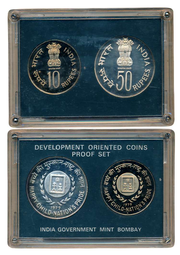 1979, Proof, Set of 2, Development Oriented Coins, Rupees 50 & 10, “Happy Child– Nation’s 