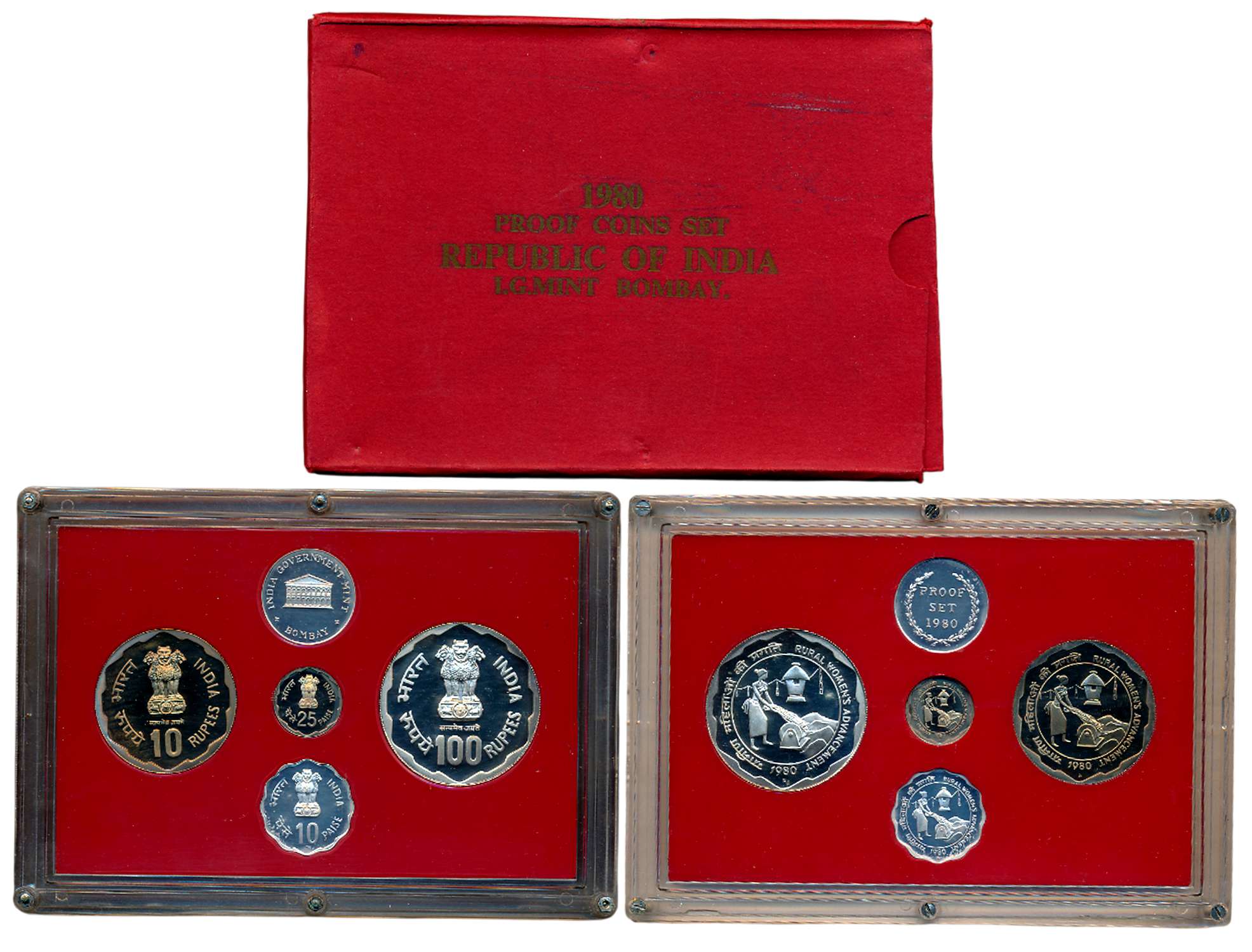 1980, Proof set of 4, Rupees 100, 10, Paise 25 & 10, with Mint emblem, “Rural Women’s Adva