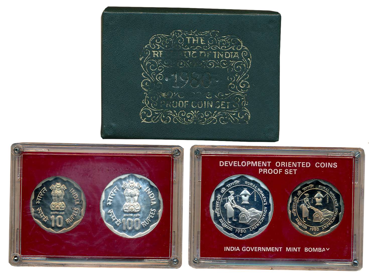 1980, Proof Set of 2, Rupees 100 & 10, “Rural Women’s Advancement”, Bombay Mint (S. Reddap