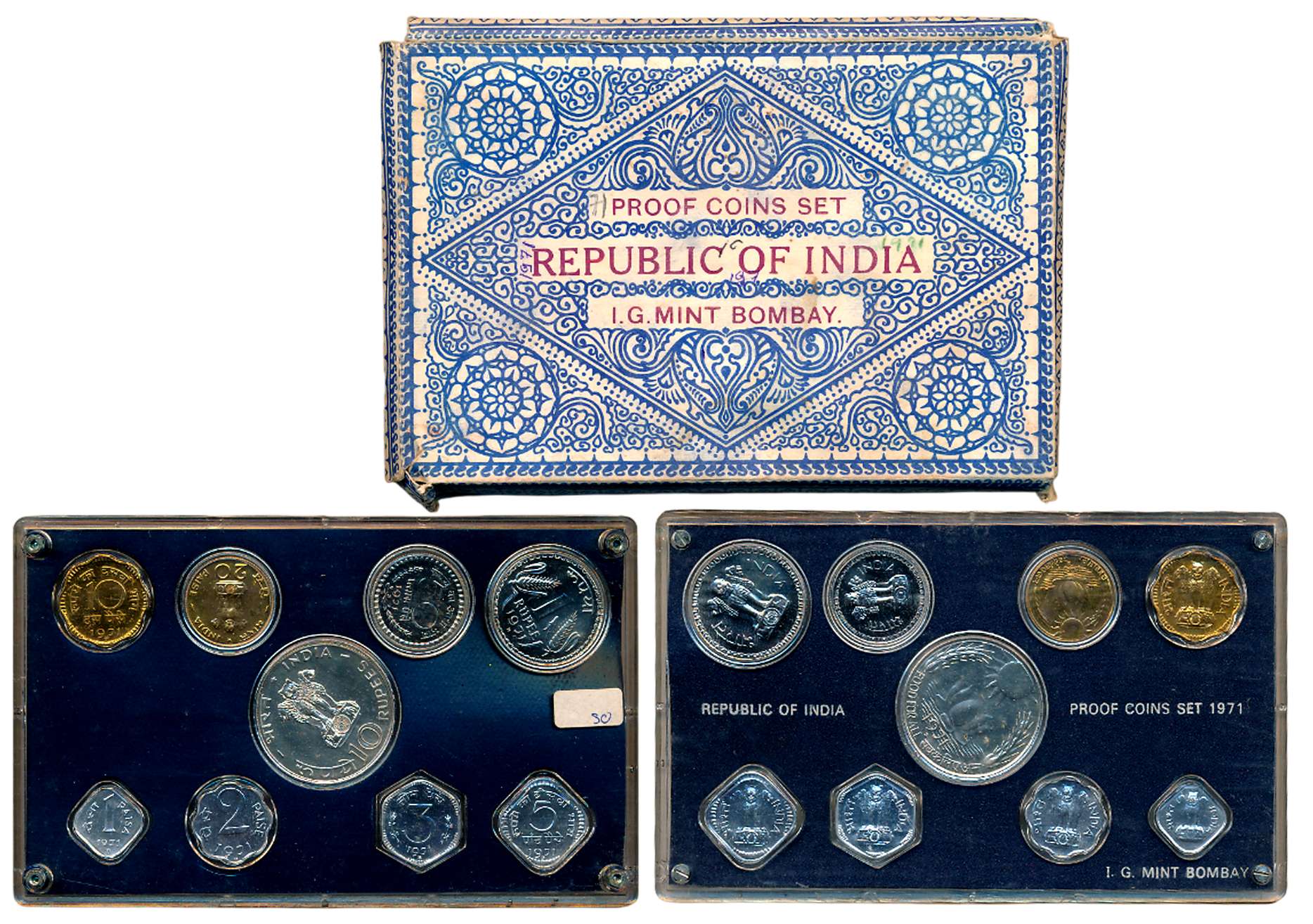 1971, Proof set of 9, Rupees 10, Rupee 1, & Paisa 50, 20 (F.A.O.), 10, 5, 3, 2 & 1 (Regula