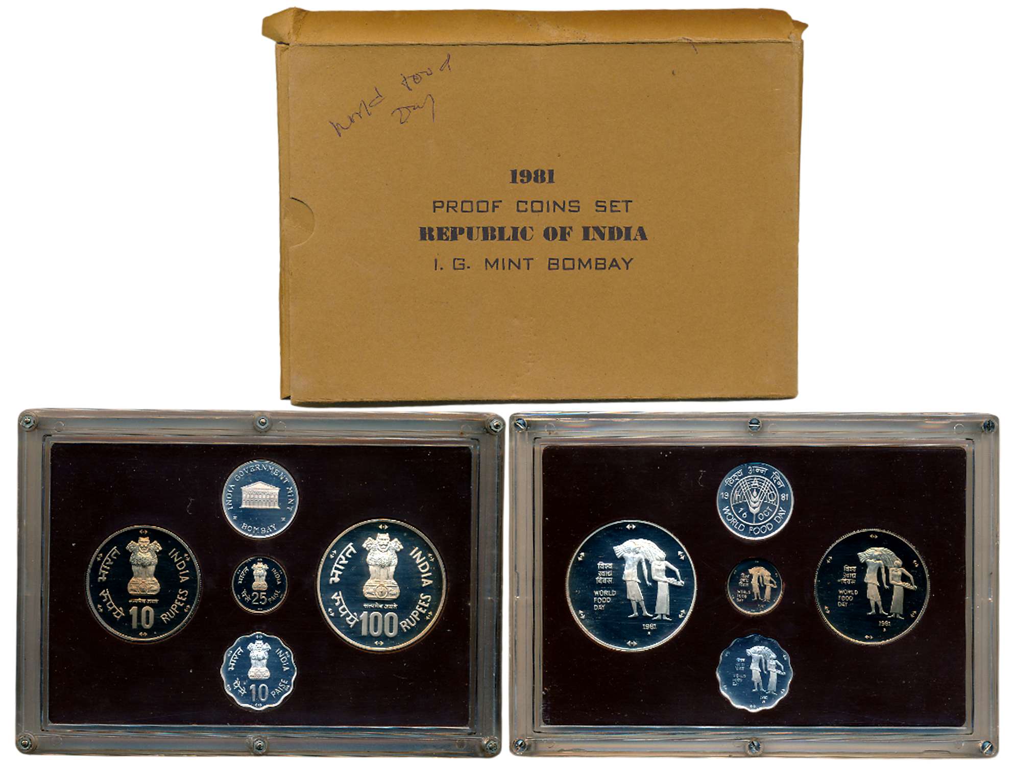 1981, Proof set of 4, Rupee 100, 10 & Paise 25, 10, with mint emblem, “World Food Day”, Bo