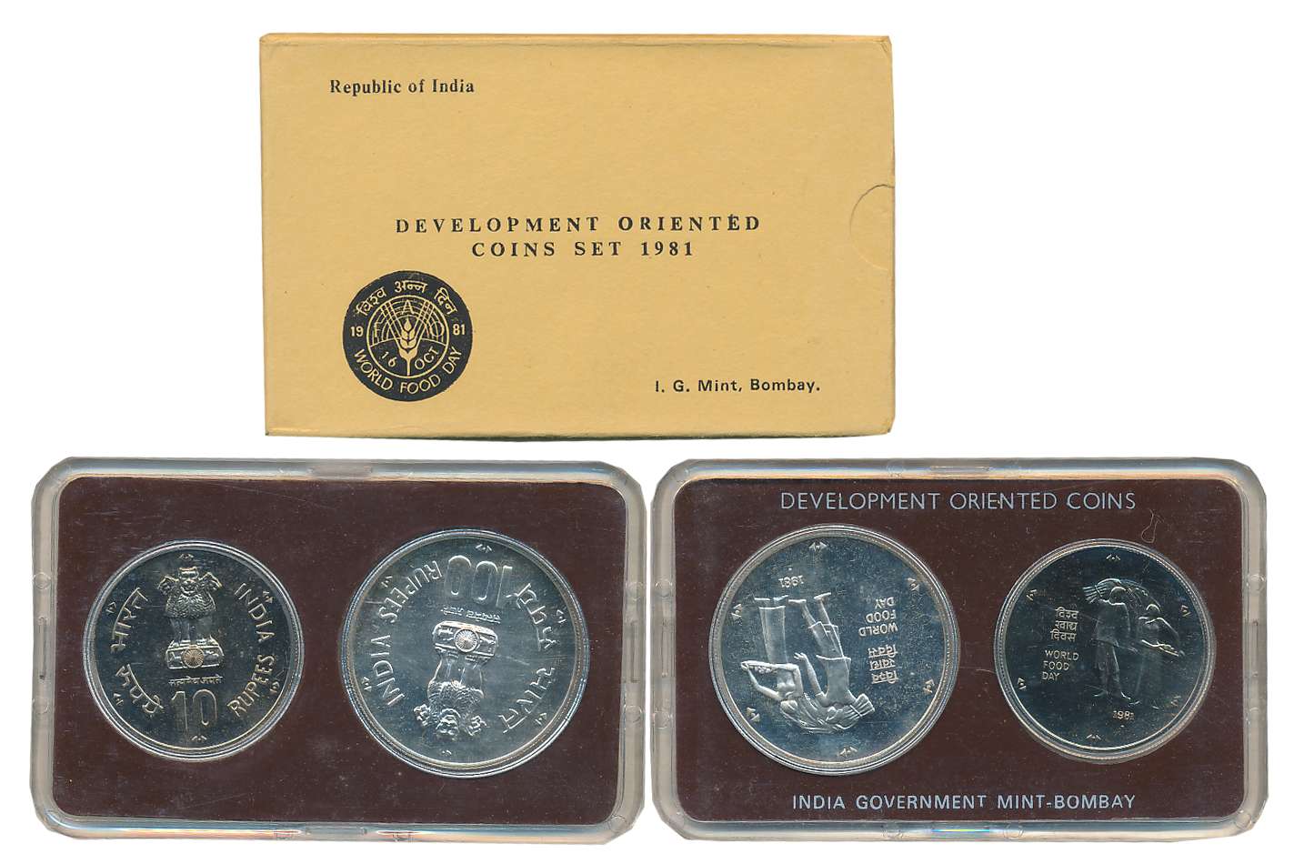 1981, Development Oriented Coins Set of 2, Rupees 100 & 10, “World Food day”, Bombay Mint 