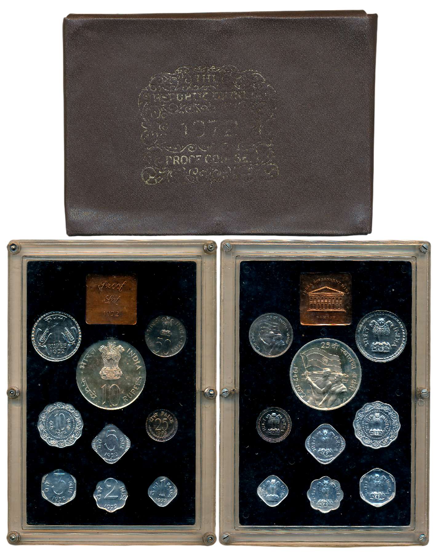 1972, Proof set of 9, Rupees 10 & 1 & Paisa 50, 25, 10, 5, 3, 2 & 1, with Mint emblem, “25