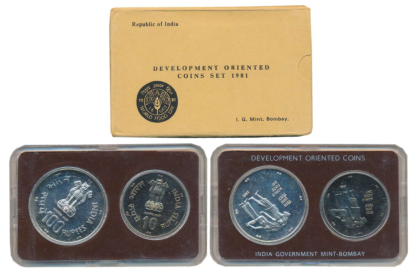 1981, Development Oriented Coins Set of 2, Rupees 100 & 10, “World Food day”, Bombay Mint 