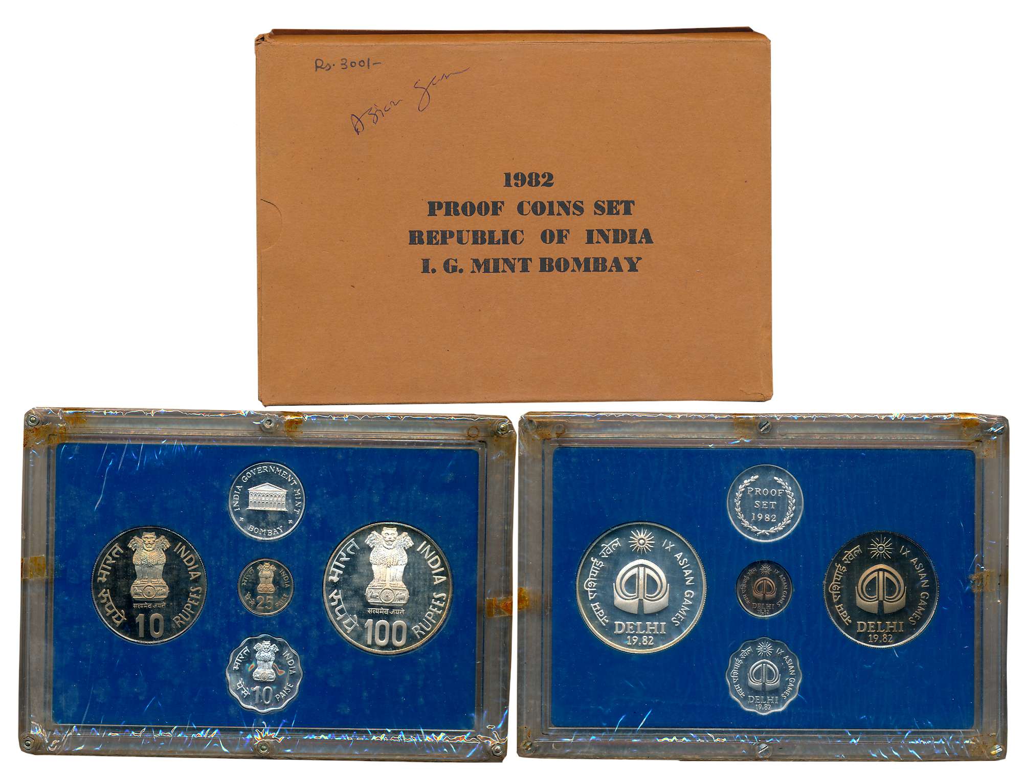 1982, Proof Set of 4, Rupees 100, 10 & Paise 25, 10, with mint emblem, “IX Asian Games”, B