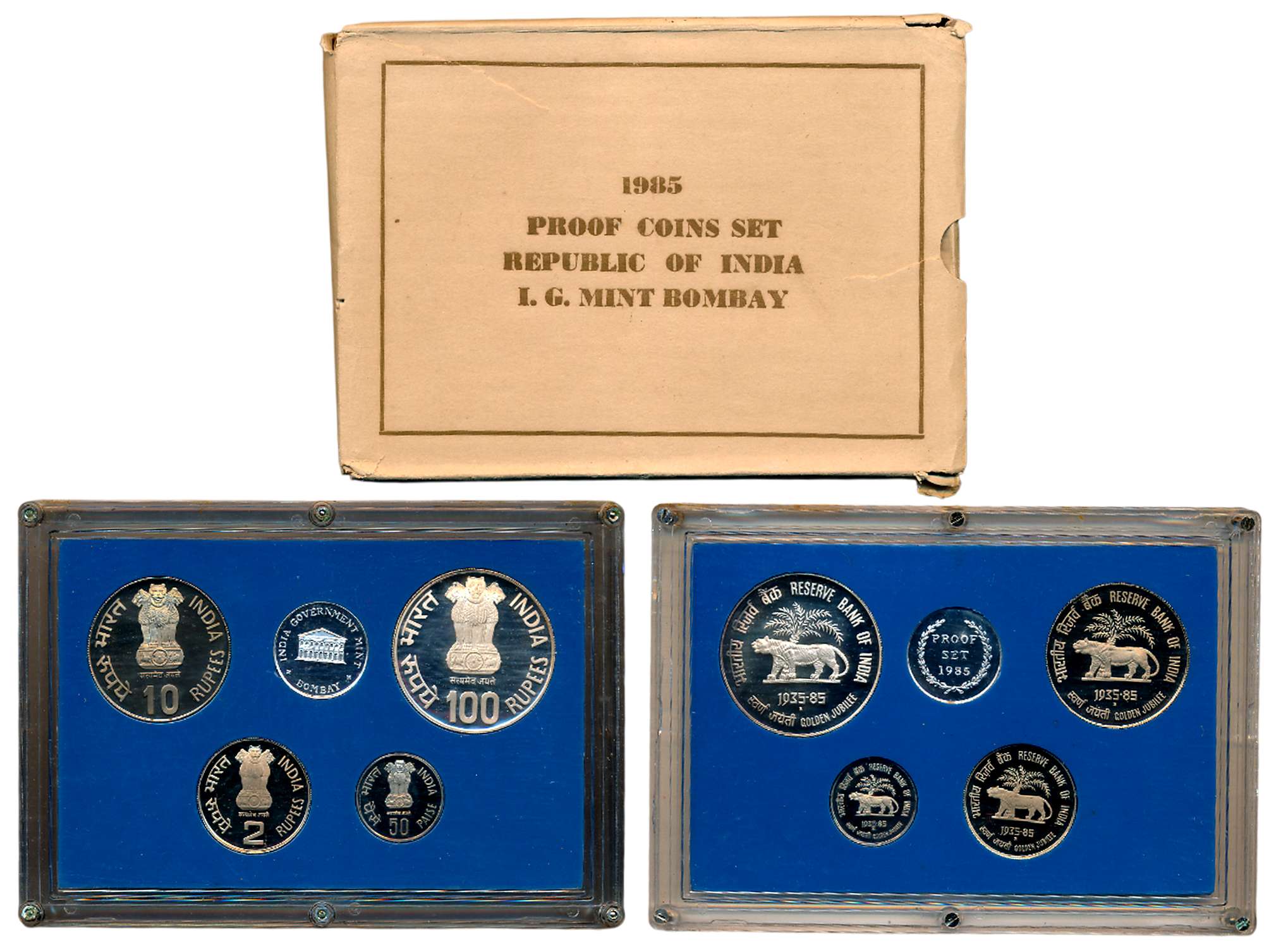1985, Proof Set of 4, Rupees 100, 10, 2 & Paise 50, with mint emblem “Reserve Bank of Indi