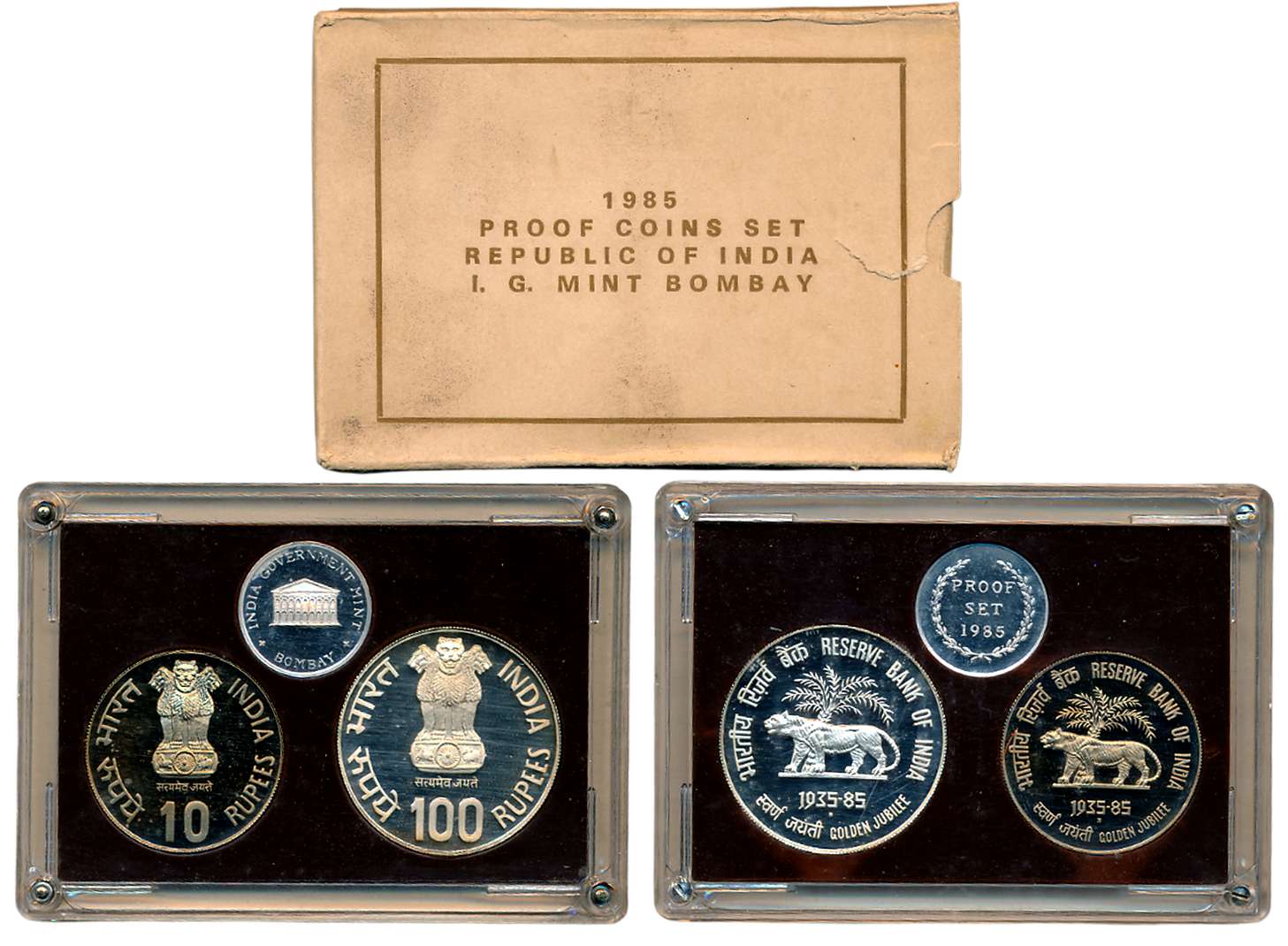 1985, Proof Set of 2, Rupees 100, 10, with mint emblem “Reserve Bank of India Golden Jubil