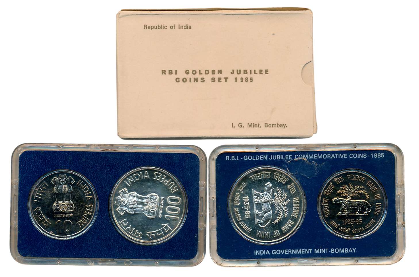 1985, Uncirculated Set of 2, Silver Rupees 100 & 10, “Reserve Bank of India Golden Jubilee