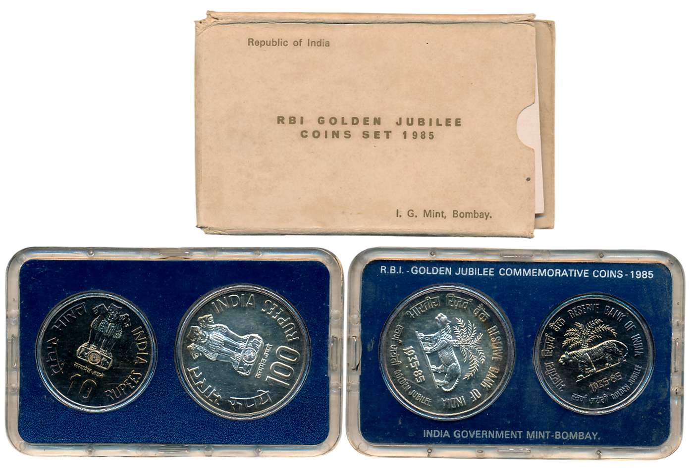 1985, Uncirculated set of 2, Silver Rupees 100 & 10, “Reserve Bank of India Golden Jubilee
