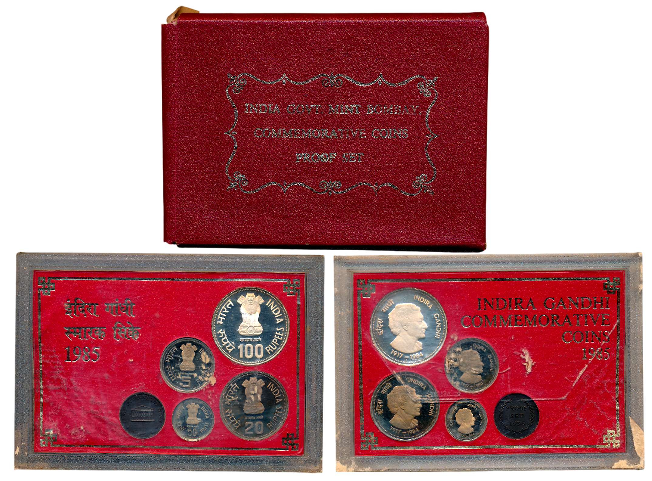 1985, Proof Set of 4, Rupees 100, 20, 5 & Paise 50 with Mint emblem, “Indira Gandhi”, Bomb