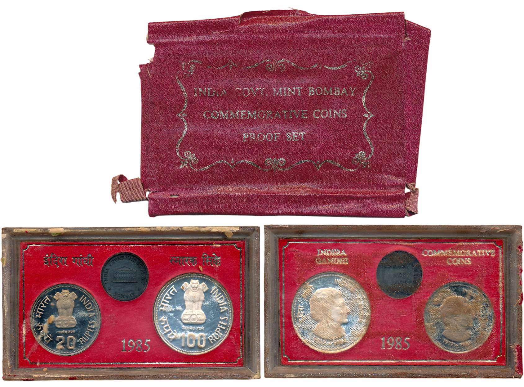 1985, Proof Set of 2, Rupees 100 & 20, with Mint emblem, “Indira Gandhi”, Bombay Mint (S. 
