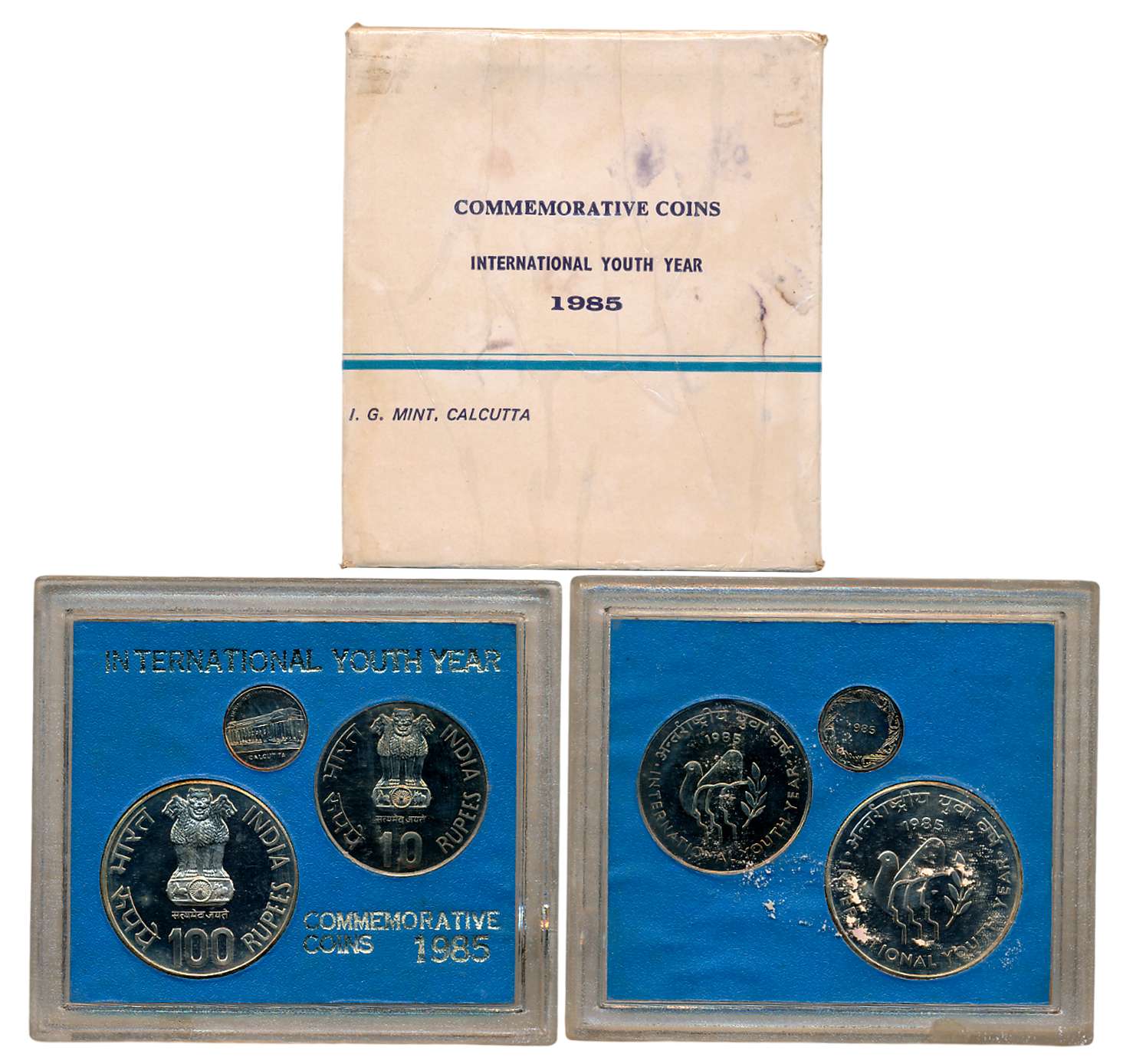 1985, Commemorative Coins, Set of 2, Rupees 100 & 10, with mint emblem, “International You