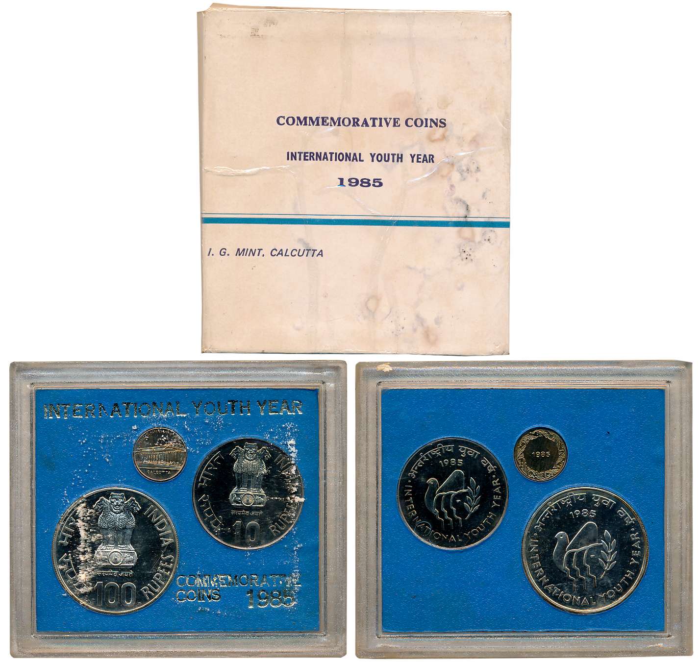 1985, Commemorative Coins, Set of 2, Rupees 100 & 10, with mint emblem, “International You