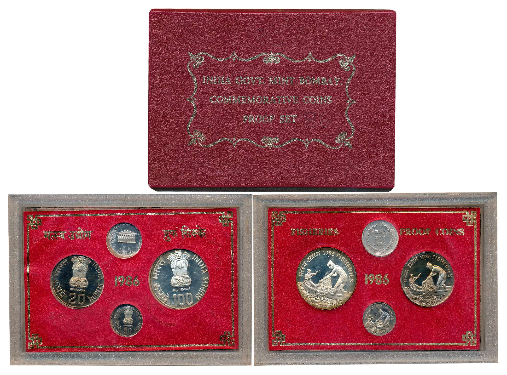 1986, Proof Set of 3, Rupees 100, 20, & Paise 50, with mint emblem, “Fisheries”, Bombay Mi