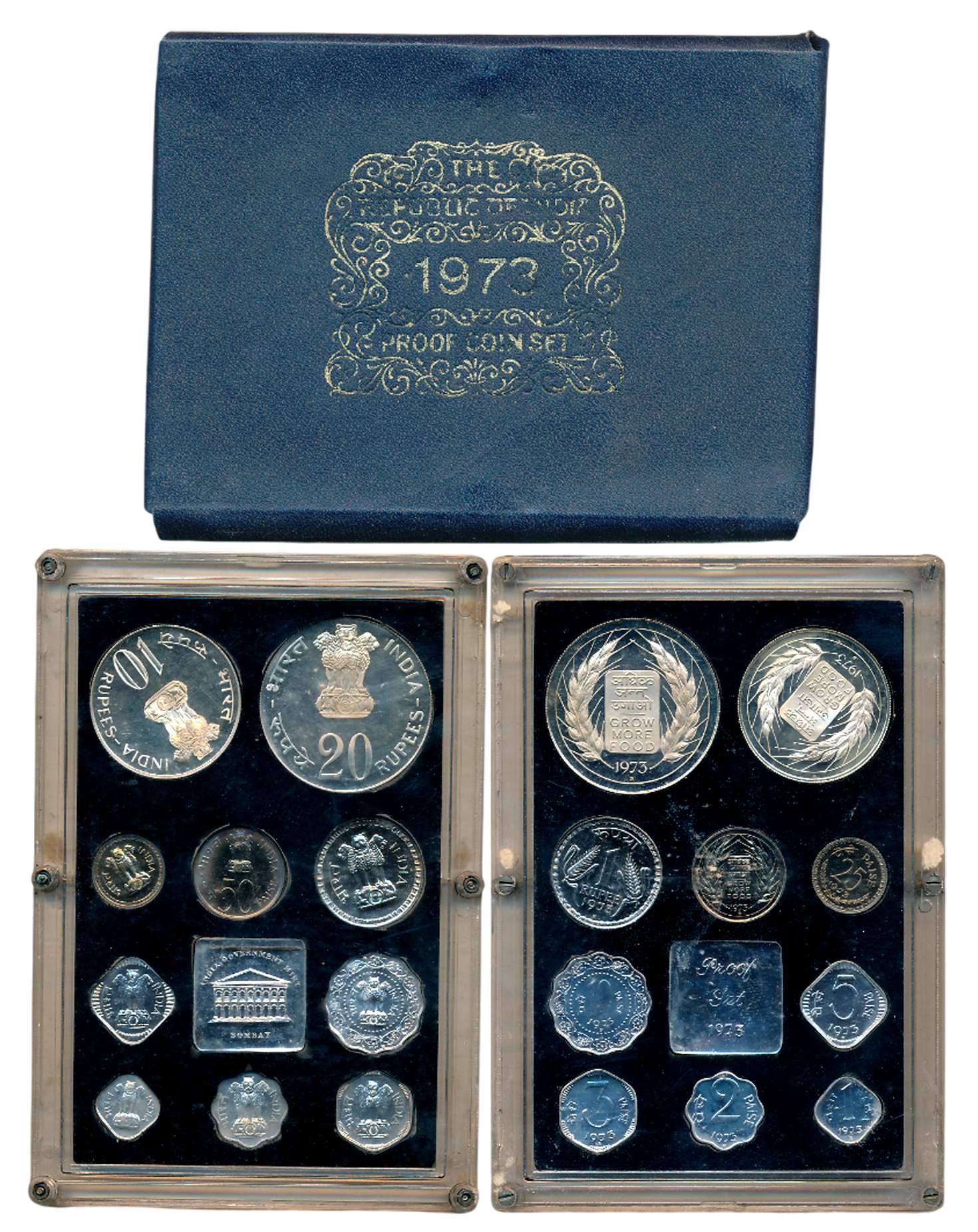 1973, Proof set of 10, Rupees 20, 10 & 1, Paisa 50, 25, 10, 5, 3, 2, & 1, with mint emblem