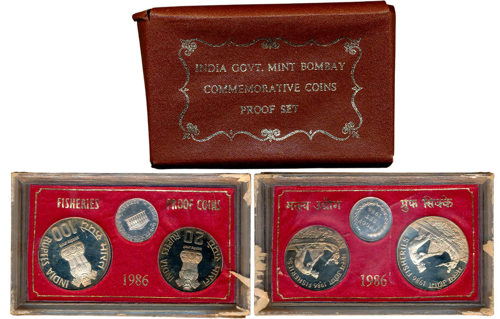 1986, Proof Set of 2, Rupees 100 & 20, with mint emblem, “Fisheries”, Bombay Mint (S. Redd