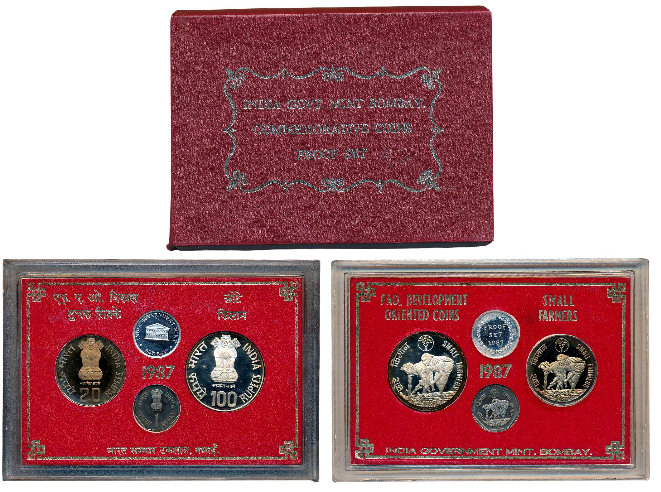 1987, Proof Set of 3, Rupees 100, 20 & 1, with Mint emblem, “Small Farmers”, Bombay Mint (