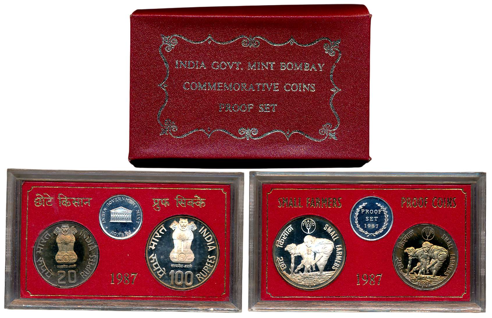 1987, Proof Set of 2, Silver, Rupees 100 & 20, “Small Farmers”, Bombay Mint (S. Reddappa #