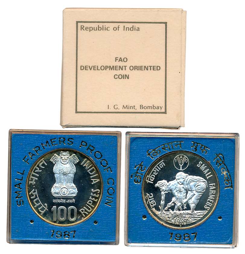 1987, Proof, Rupees 100, “Small Farmers” Bombay Mint (S. Reddappa # 23.23C). In acrylic ca