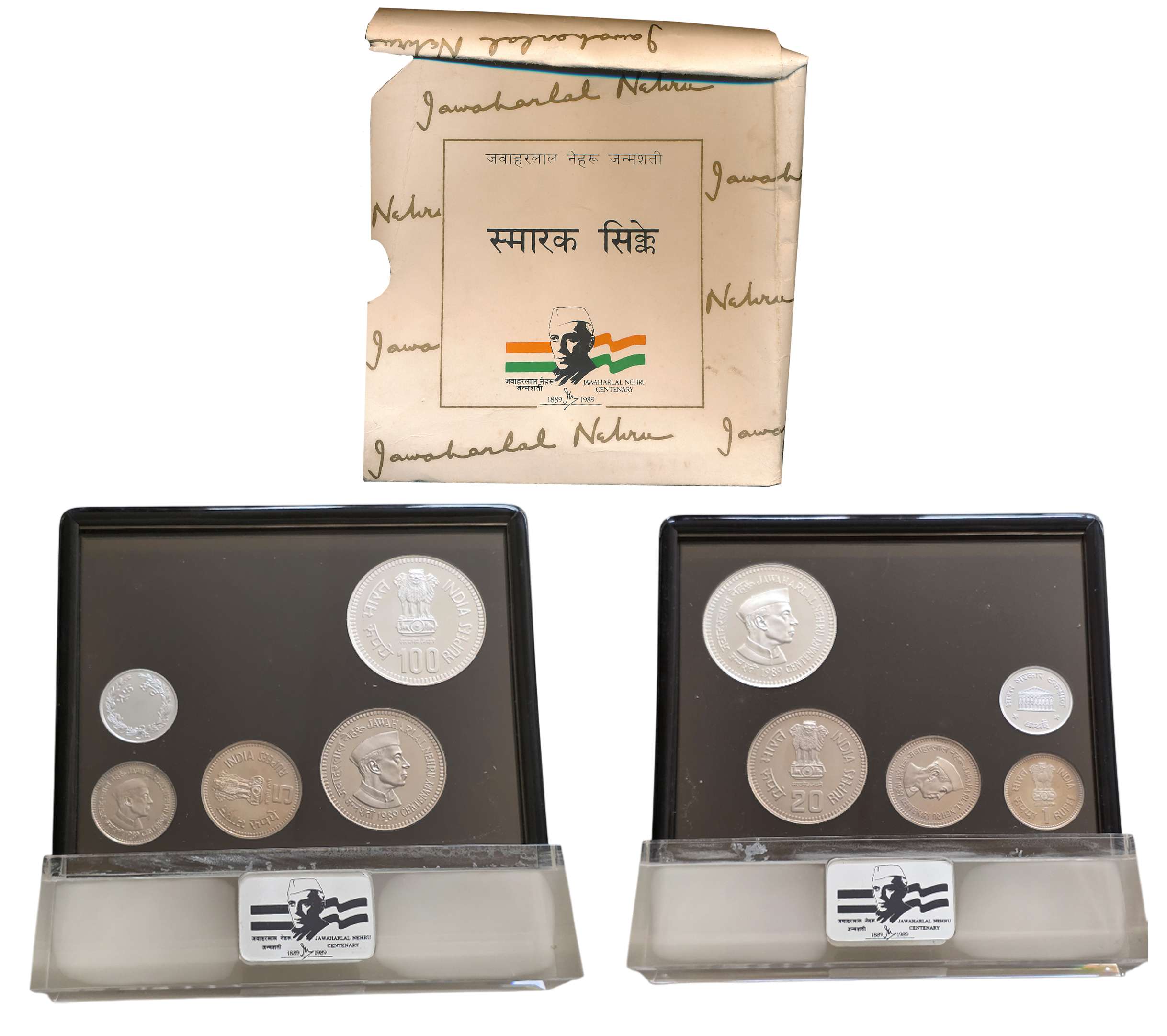 1989, Proof set of 4, Rupees 100, 20, 5 and Rupee, with Mint emblem, “Jawaharlal Nehru bir