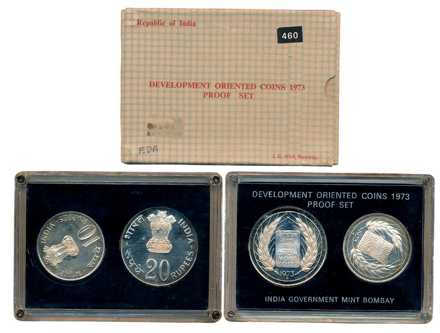 1973, Proof Set of 2, Rupees 20 & 10, Development Oriented Coins, “Grow More Food”, Bombay