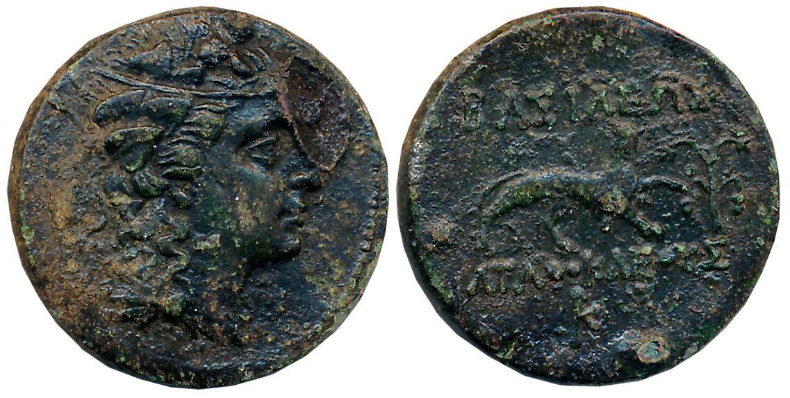 Bactrian Greeks, Agathokles, Copper Nickel, 7.73g, Obv: Bust of Dionysos wreathed with ivy
