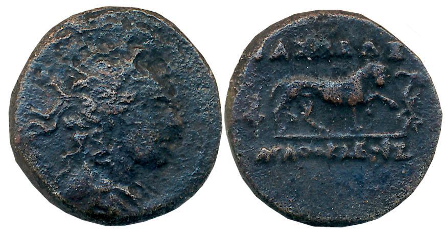 Bactrian Greeks, Agathokles, Copper Nickel, 3.53g, Obv: Bust of Dionysos wreathed with ivy
