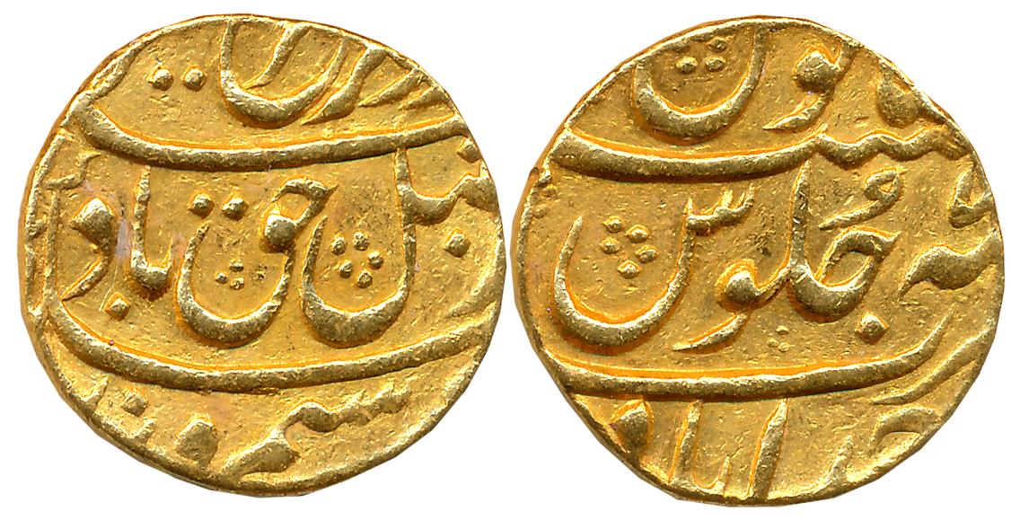 Farrukhsiyar, Gold Mohur, 11.03g, Ahmadabad Mint, RY 7 (KM# 390.36). Very fine, rare.