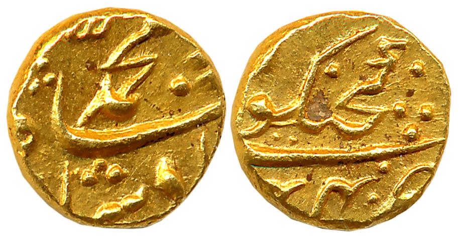 Muhammad Shah, Gold 1/2 Pagoda, 1.42g, Ganjikot Mint, AH (11)44 (Unlisted in KM). Extremel