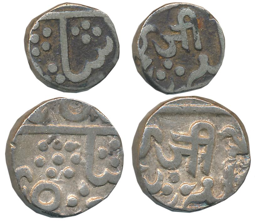 Jayaji Rao, Silver (2), 1/2 Rupee & 1/4 Rupee, 5.35g, 2.56g, Lashkar Mint, in the name of 