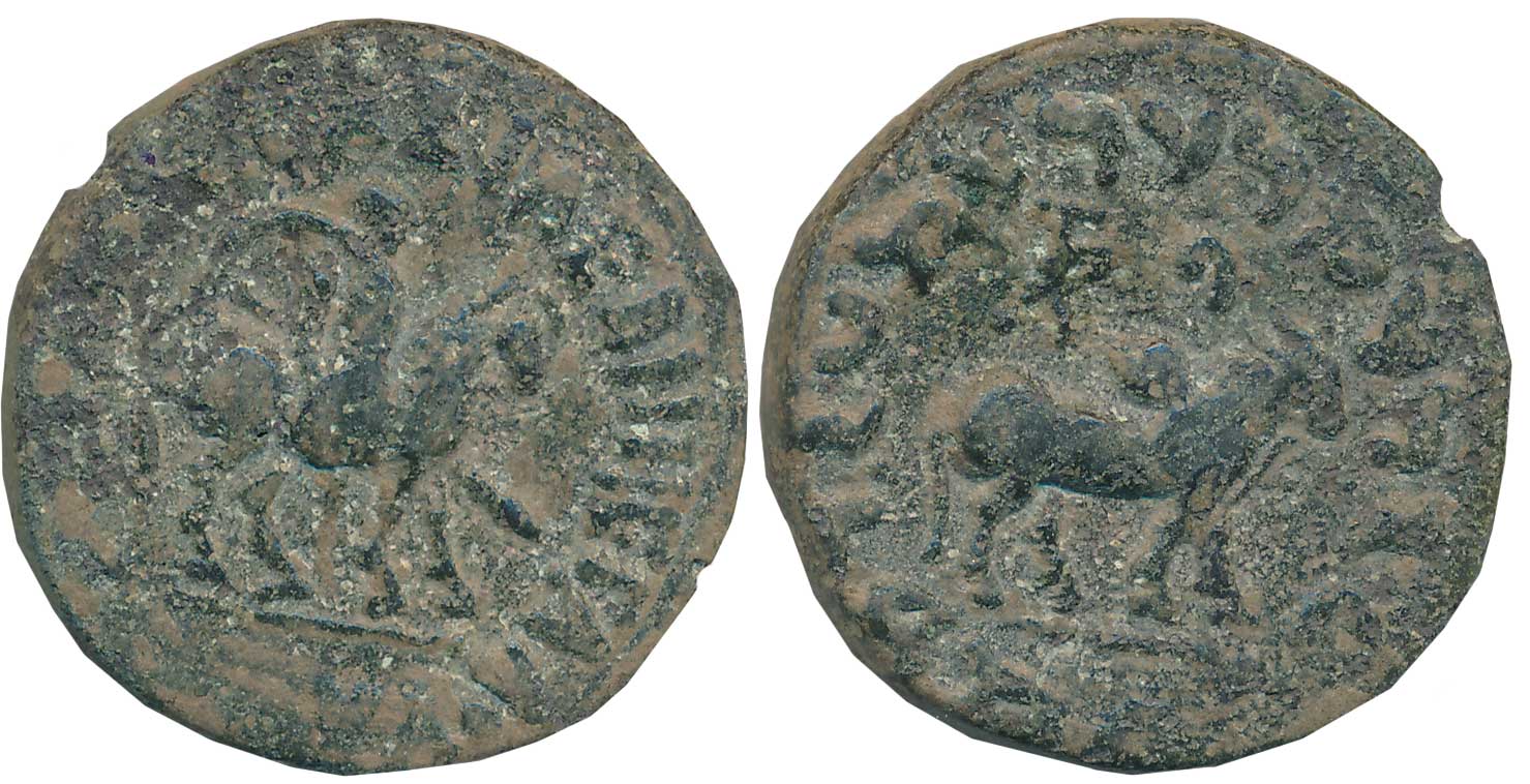 Indo Scythians, Azes, Heavy Bronze, 23.47g, Obv: Armored Skythian king advancing to right,