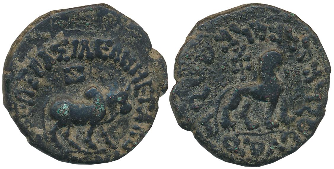 Indo Scythians, Azes, Bronze, 6.64g, Obv: Bull standing right, monogram above, Greek legen